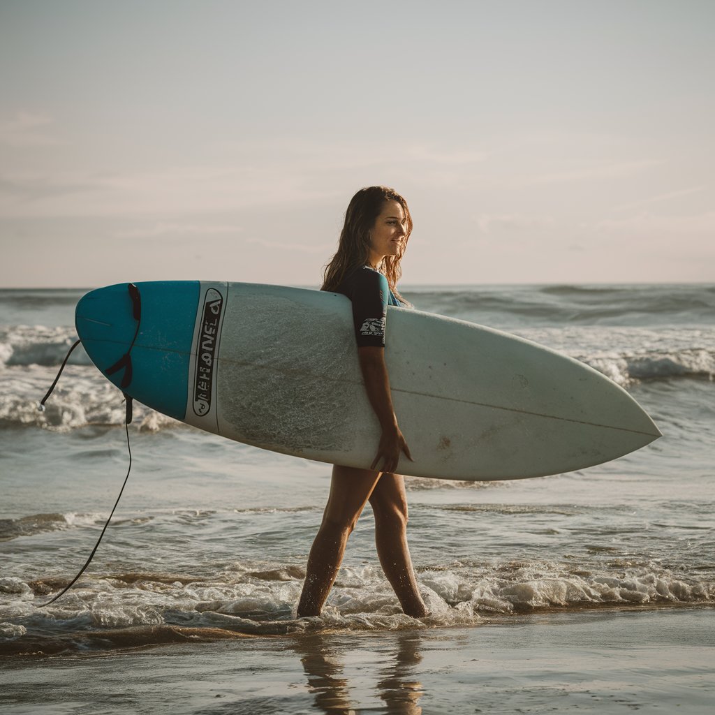 woman at the beach with a surfboard
